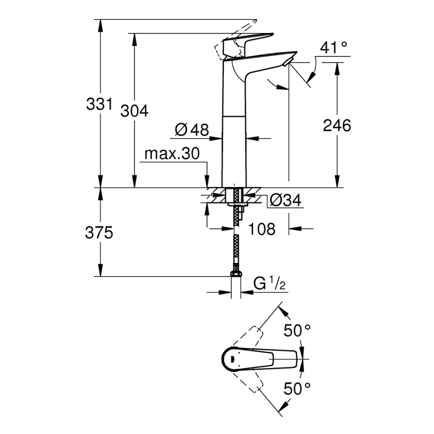 GROHE 32860001 - Baterija za umivalnik BAUEDGE 304 mm sijajni krom
