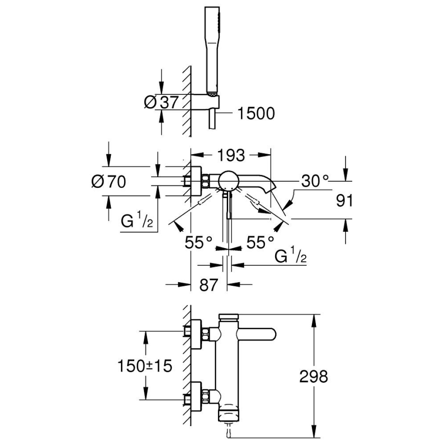 GROHE 33628001 - Komplet kopalniške baterije ESSENCE DN 15 za kad, poliran krom