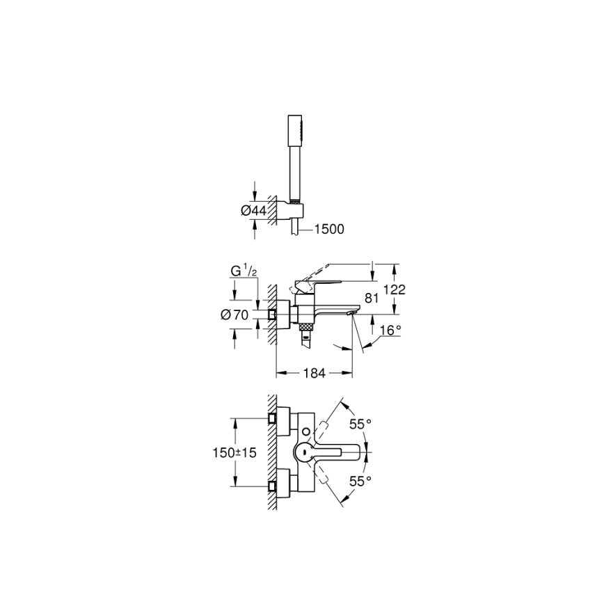 GROHE 33850001 - Kopalniška baterija za kad LINEARE DN 15, poliran krom
