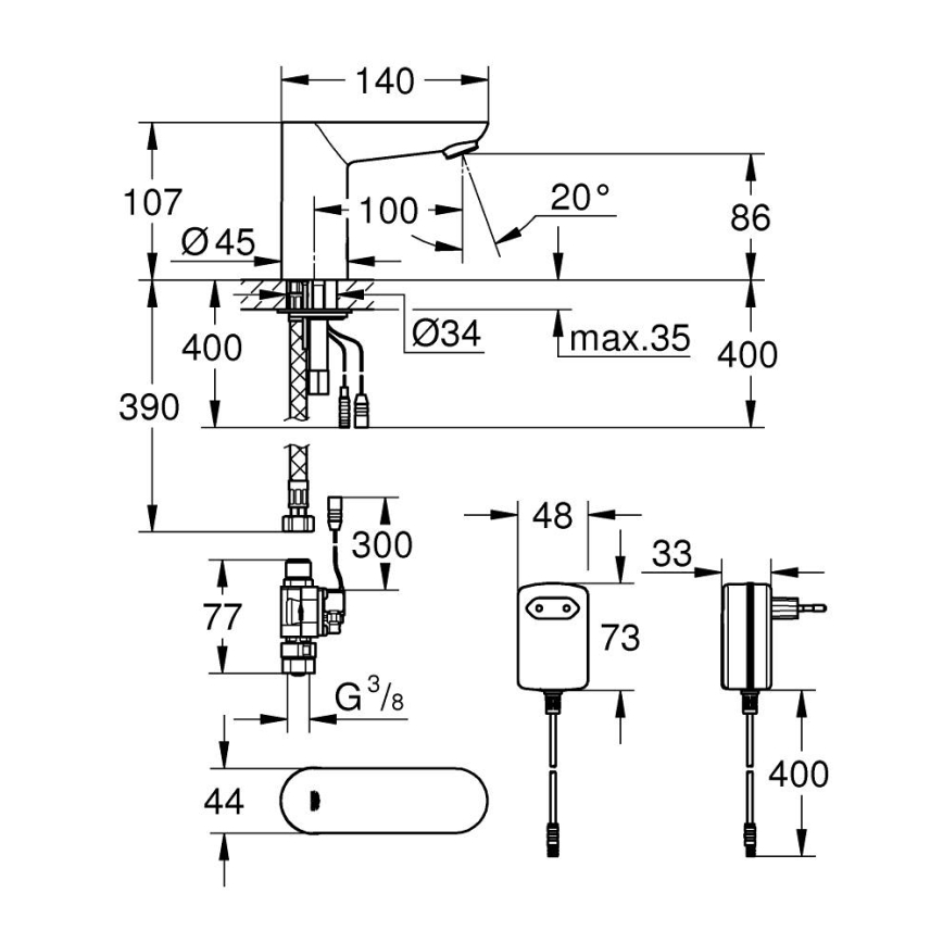 GROHE 36269000 - Električna pipa za umivalnik EUROECO COSMOPOLITAN E 107 mm krom