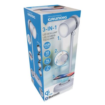 Grundig - LED namizna svetilka z brezžičnim polnjenjem in zvočnikom 3 v 1 LED/15W/5V