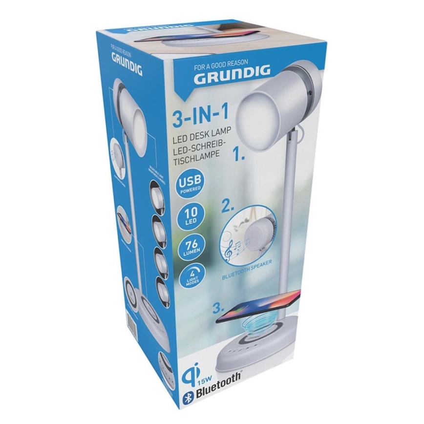 Grundig - LED namizna svetilka z brezžičnim polnjenjem in zvočnikom 3 v 1 LED/15W/5V