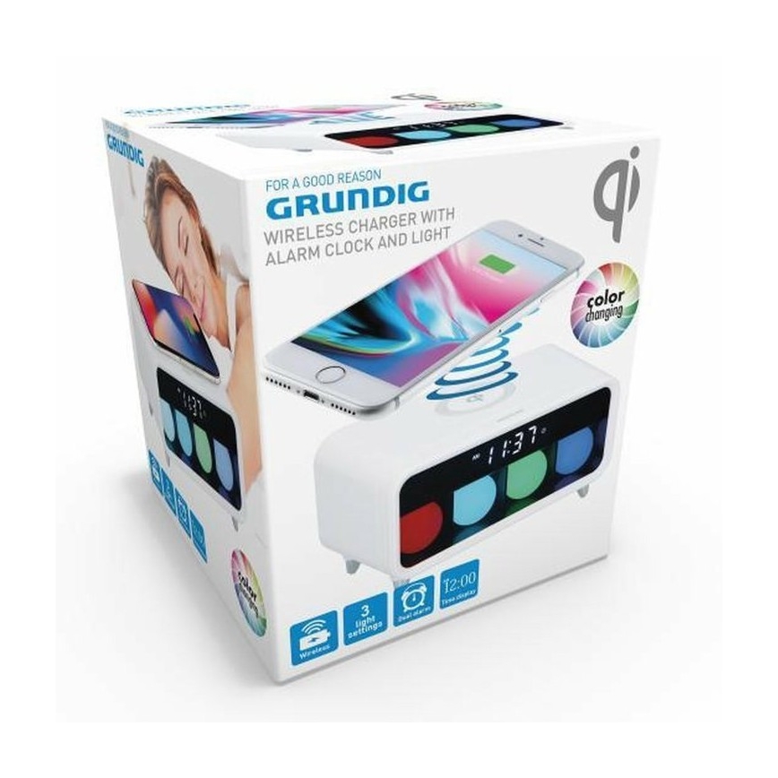 Grundig - LED Zatemnitvena nočna svetilka z alarmom in brezžičnim polnjenjem LED/5W/230V