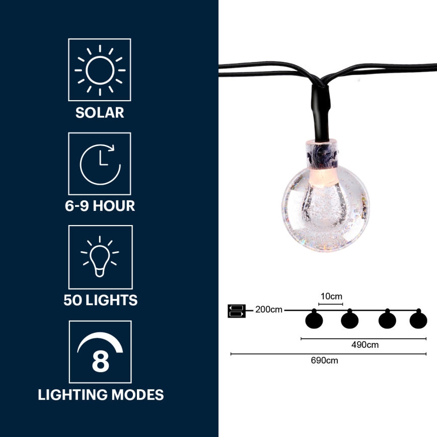 Grundig - LED Solarna veriga 50xLED/8 funkcij 6,9m topla bela