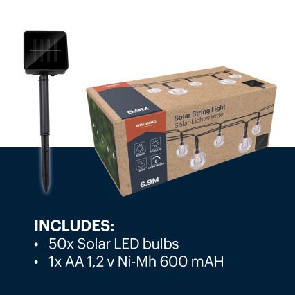 Grundig - LED Solarna veriga 50xLED/8 funkcij 6,9m topla bela