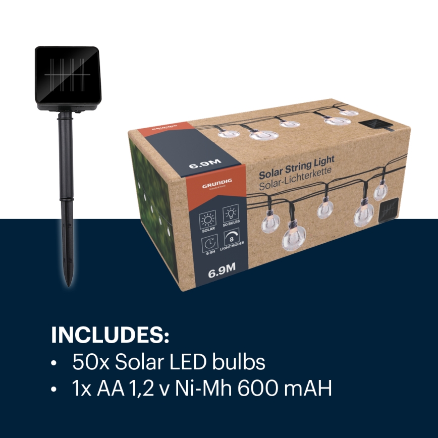 Grundig - LED Solarna veriga 50xLED/8 funkcij 6,9m topla bela