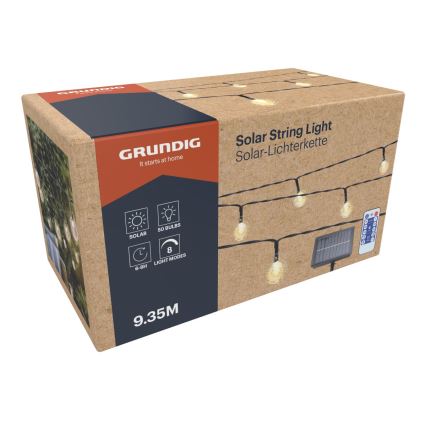 Grundig - LED zatemnitvena sončna veriga 50xLED/8 funkcij 9,35 m IP44 topla bela 600 mAh + daljinski upravljalnik