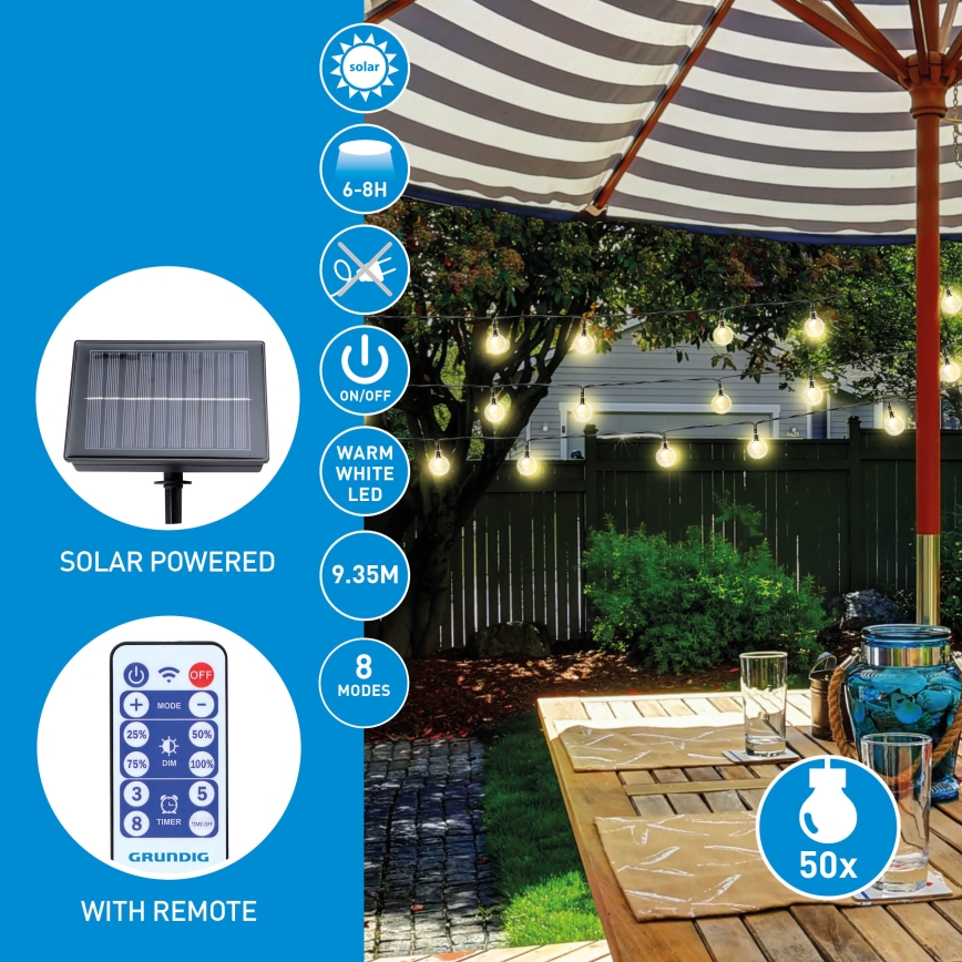 Grundig - LED nastavljiva solarna veriga 50xLED/8 funkcij 9,35 m topla bela 1200 mAh + daljinski upravljalnik