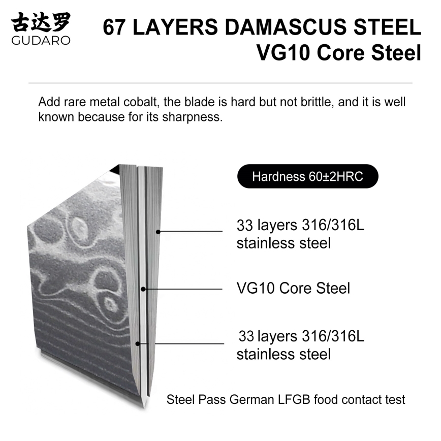 Gudaro - Damaščanski kuhinjski nož KENSHO 3,5, 67 slojev jekla, dolžina 9,5 cm