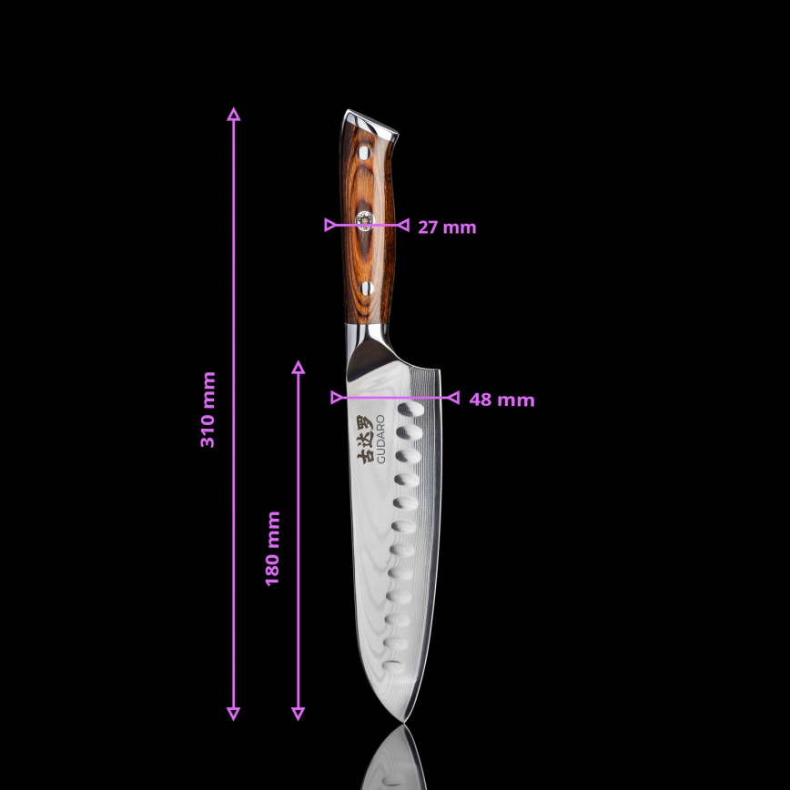 Gudaro - Komplet 1x damaskovski kuharski nož FENG 8, 67 plasti jekla, dolžina 20 cm + 1x damaskovski santoku kuhinjski nož FENG 7,5, 67 plasti jekla, dolžina 18 cm + 1x BREZPLAČNO damaskovski kuhinjski nož FENG 3,5, 67 plasti jekla, dolžina 9,5 cm