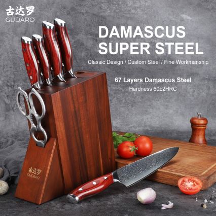 Gudaro - Set kuhinjskih nožev v stojalu KENSHO, 7-delni, iz akacije