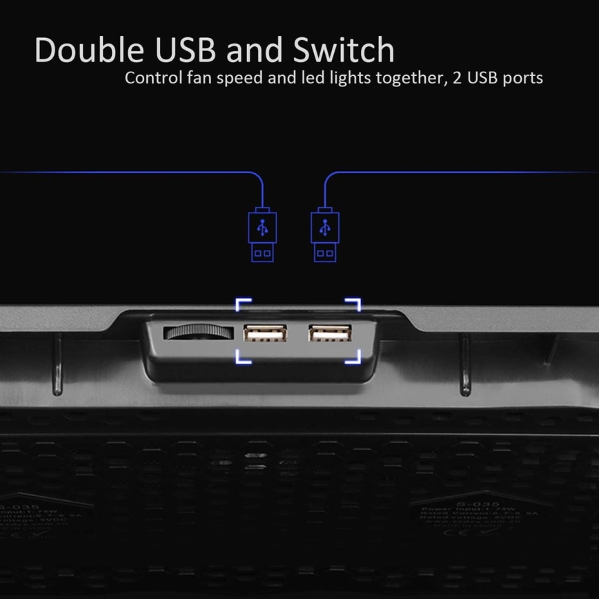 Hladilna podloga za prenosnik 5x ventilator 2xUSB črn