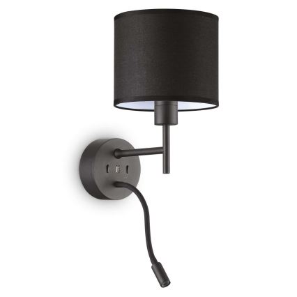 Ideal Lux - LED Fleksibilna svetilka z nosilcem SET UP 1xE27/42W+LED/3W/230V USB črna