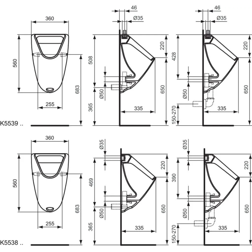 Ideal Standard K553901 - Pisuar EUROVIT zgornji dovod, zadnji odtok keramika/bela