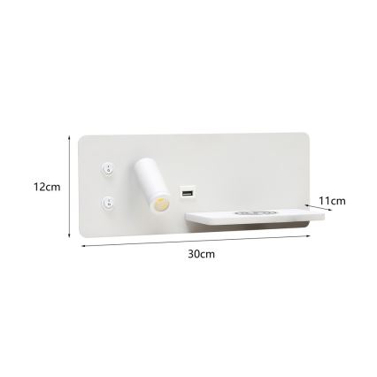 Immax 08285L - LED Stenski reflektor s polico, USB priključkom in brezžičnim polnjenjem Be PREPARE LED/3W/230V + LED/3W bel