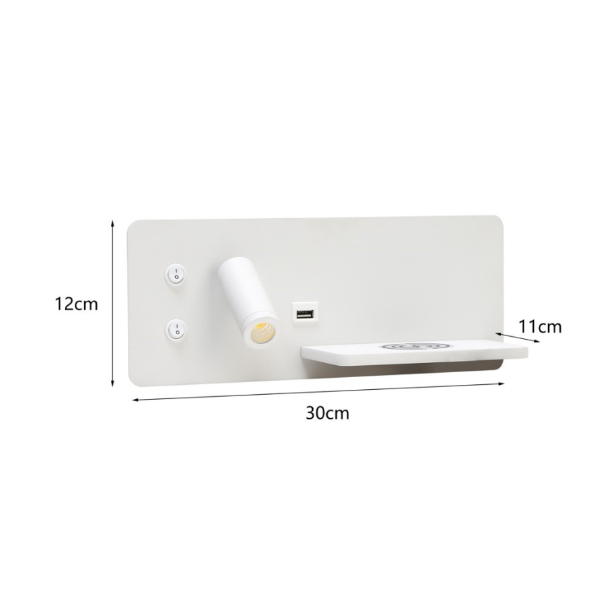 Immax 08285L - LED Stenski reflektor s polico, USB priključkom in brezžičnim polnjenjem Be PREPARE LED/3W/230V + LED/3W bel