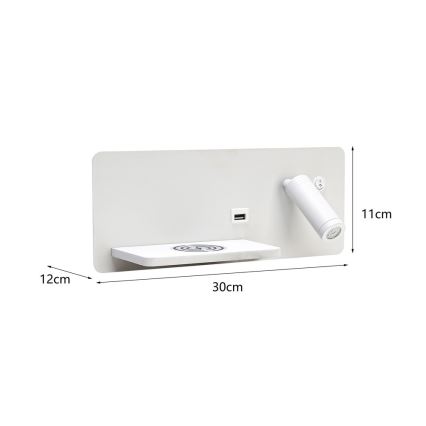 Immax 08286L - LED Stenski reflektor s polico, USB priključkom in brezžičnim polnjenjem Be PREPARE LED/3W/230V + LED/3W bel