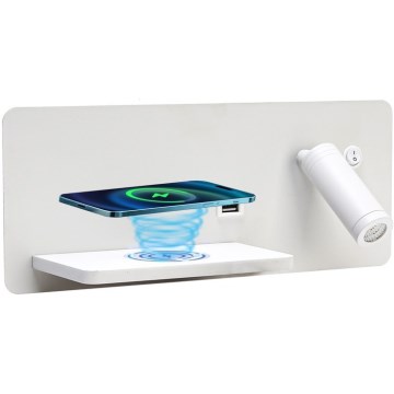 Immax 08286L - LED Stenski reflektor s polico, USB priključkom in brezžičnim polnjenjem Be PREPARE LED/3W/230V + LED/3W bel