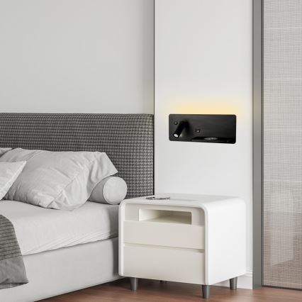 Immax 08287L - LED Stenski reflektor s polico, USB priključkom in brezžičnim polnjenjem Be PREPARE LED/3W/230V + LED/3W črna