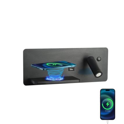 Immax 08288L - LED Stenski reflektor s polico, USB priključkom in brezžičnim polnjenjem Be PREPARE LED/3W/230V + LED/3W črna