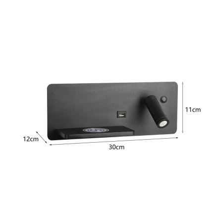 Immax 08288L - LED Stenski reflektor s polico, USB priključkom in brezžičnim polnjenjem Be PREPARE LED/3W/230V + LED/3W črna