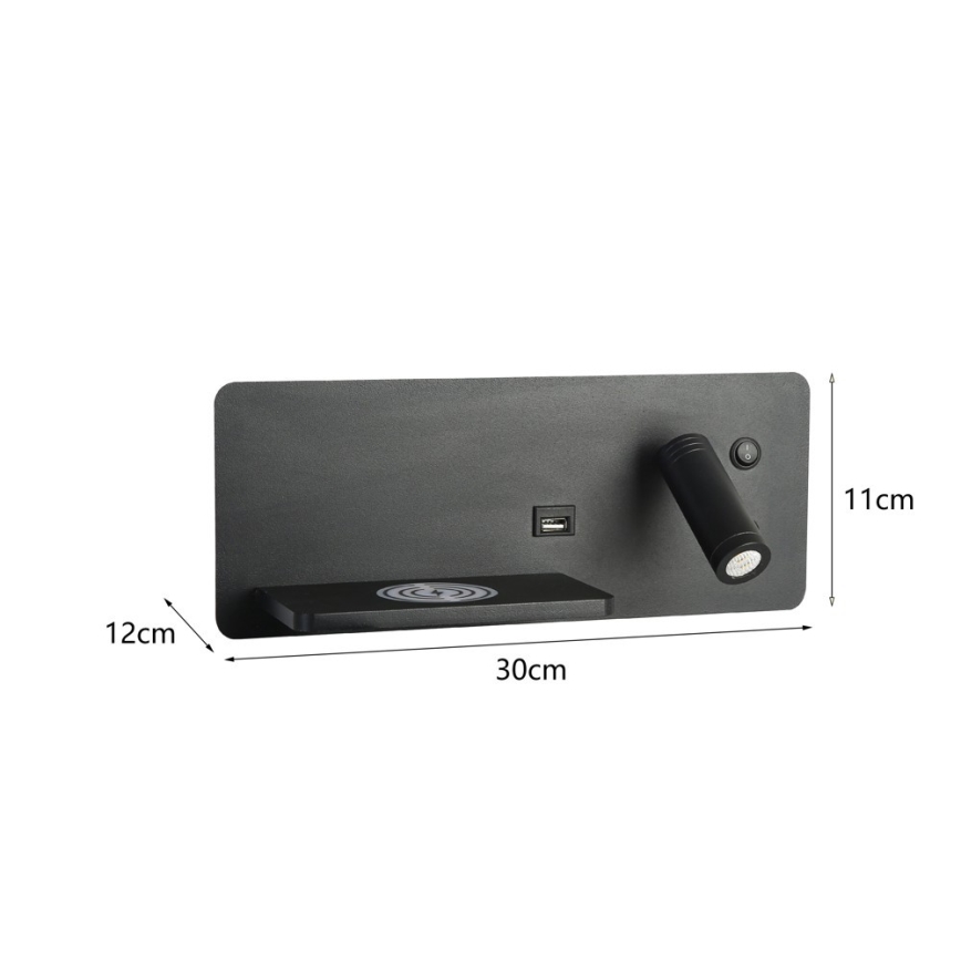 Immax 08288L - LED Stenski reflektor s polico, USB priključkom in brezžičnim polnjenjem Be PREPARE LED/3W/230V + LED/3W črna
