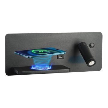 Immax 08288L - LED Stenski reflektor s polico, USB priključkom in brezžičnim polnjenjem Be PREPARE LED/3W/230V + LED/3W črna