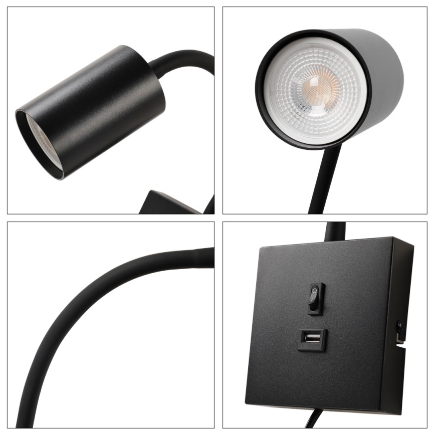 Stenska svetilka z USB PUNTO 1xGU10/9W/230V črna