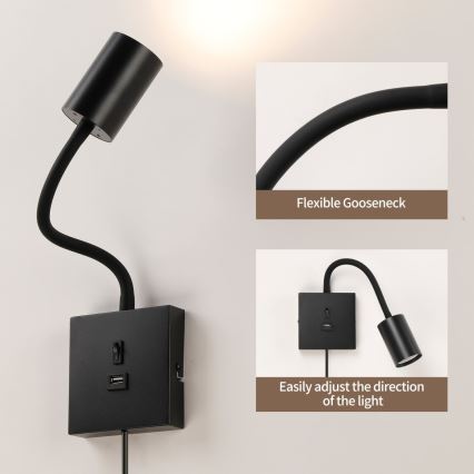 Stenska svetilka z USB PUNTO 1xGU10/9W/230V črna