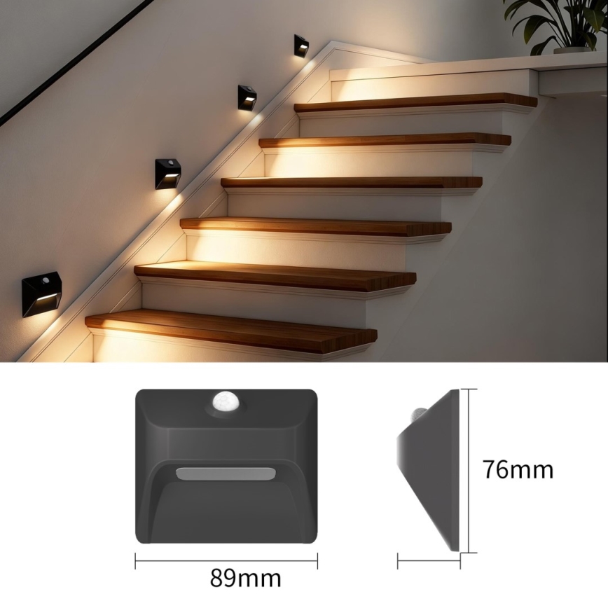 Immax 08307L - LED polnilna stopniščna svetilka s senzorjem STEP LIGHT LED/0,3W/3,7V 2200 mAh IP53 črna