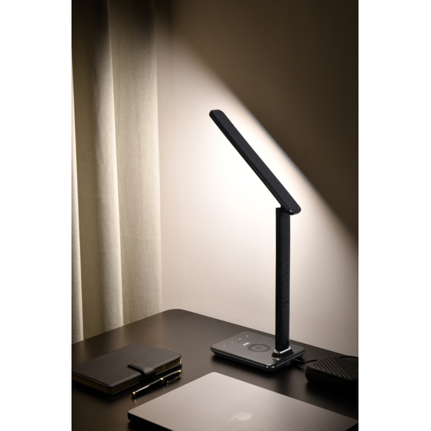 LED Zatemnitvena namizna svetilka z brezžičnim polnjenjem QI in USB KINGFISHER LED/8,5W/230V črna