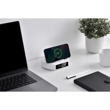 Budilka z LCD zaslonom in brezžični Qi polnilec 27W/9V 220 mAh bela