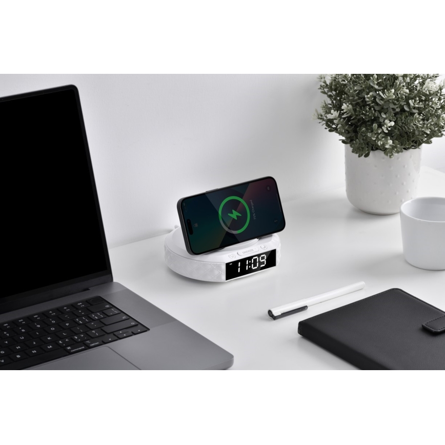 Budilka z LCD zaslonom in brezžično Qi polnilno postajo 27W/9V 220 mAh bela