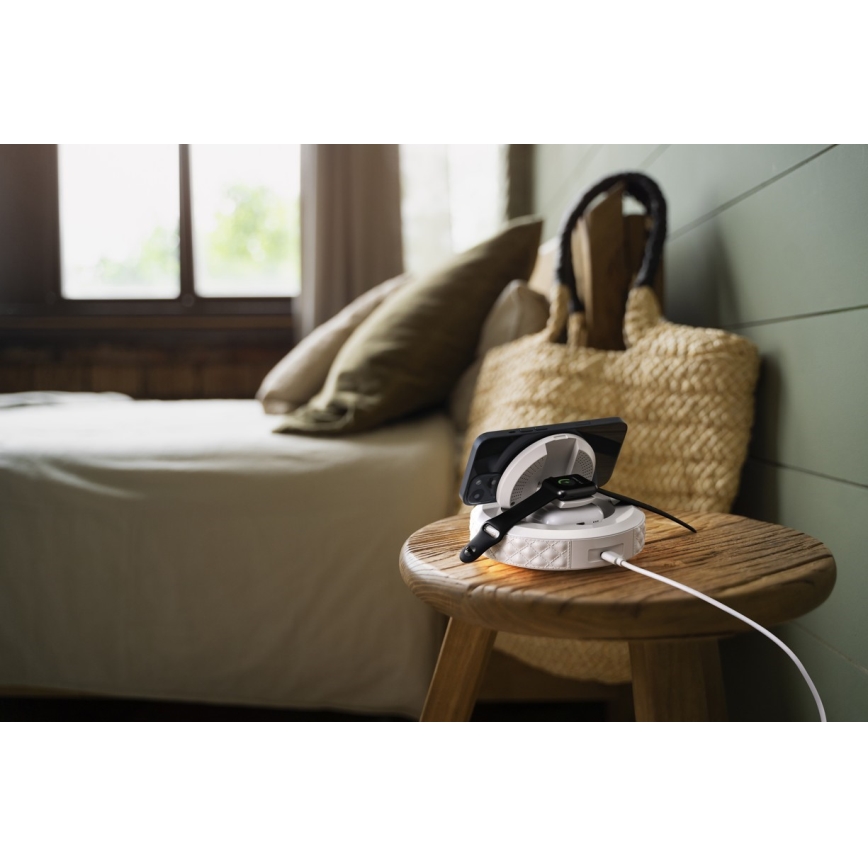 Budilka z LCD zaslonom in brezžično Qi polnilno postajo 27W/9V 220 mAh bela