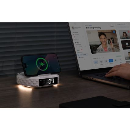 Budilka z LCD zaslonom in brezžično Qi polnilno postajo 27W/9V 220 mAh bela