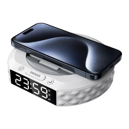 Budilka z LCD zaslonom in brezžično Qi polnilno postajo 27W/9V 220 mAh bela