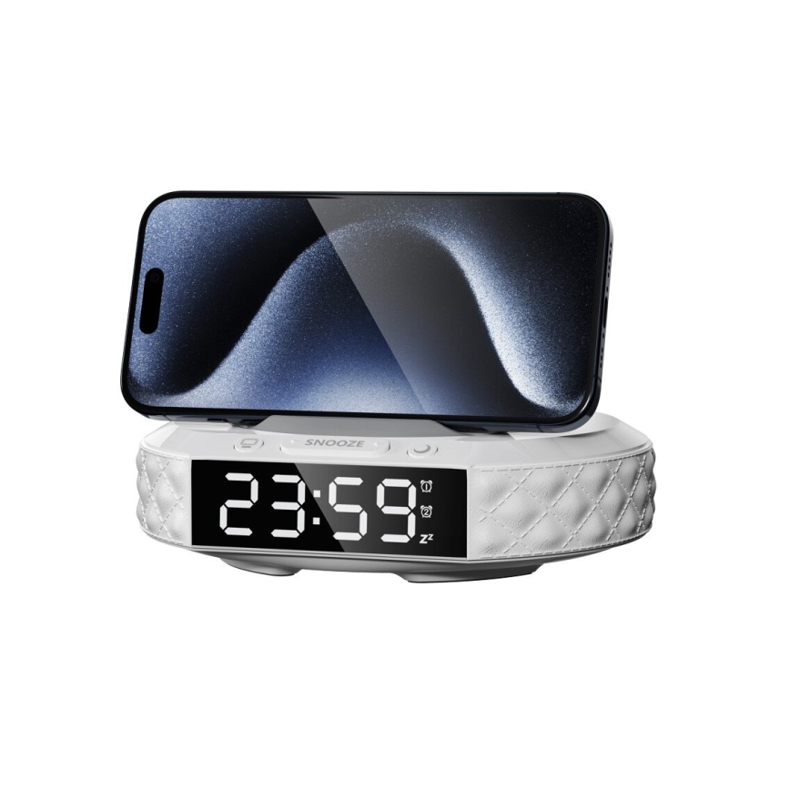 Budilka z LCD zaslonom in brezžično Qi polnilno postajo 27W/9V 220 mAh bela