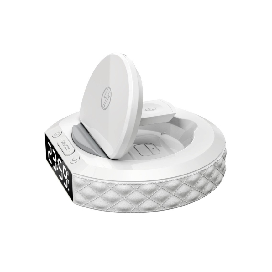 Budilka z LCD zaslonom in brezžično Qi polnilno postajo 27W/9V 220 mAh bela