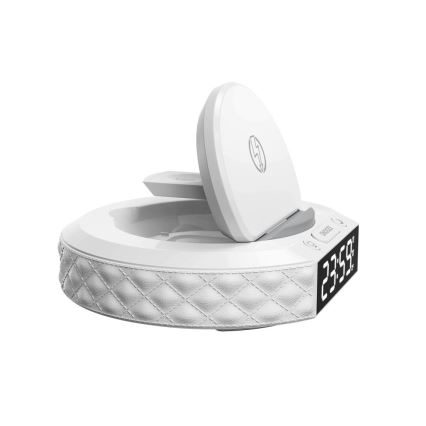 Budilka z LCD zaslonom in brezžično Qi polnilno postajo 27W/9V 220 mAh bela