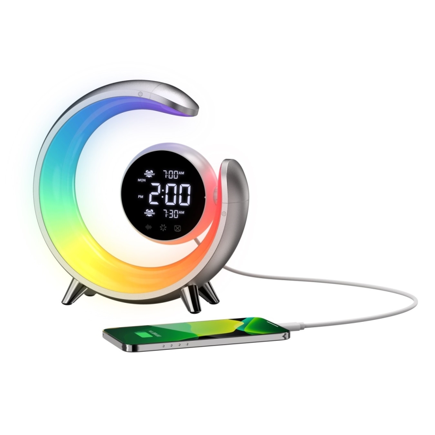 LED RGBW Zatemnitvena namizna svetilka z budilko LED/20W/5V USB srebrna