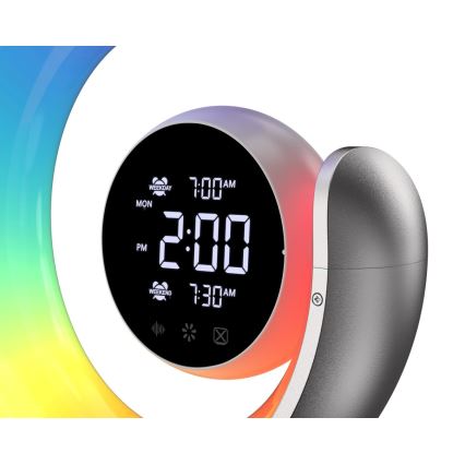 LED RGBW Zatemnitvena namizna svetilka z budilko LED/20W/5V USB srebrna