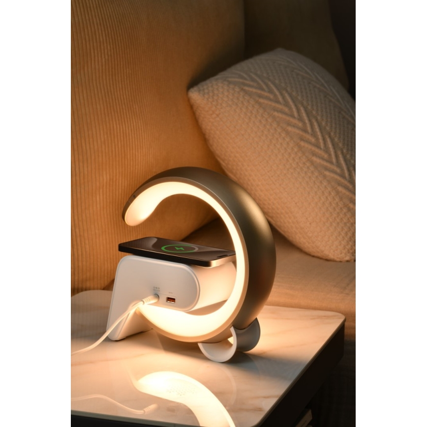 LED RGB Zatemnitvena namizna svetilka z budilka in Qi polnjenje 30W/230V zlata