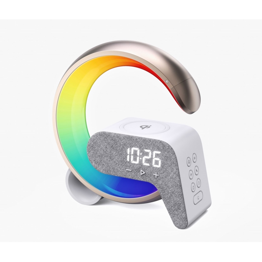 LED RGB Zatemnitvena namizna svetilka z budilka in Qi polnjenje 30W/230V zlata