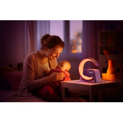 LED RGB Zatemnitvena namizna svetilka z budilka in Qi polnjenje 30W/230V srebrna