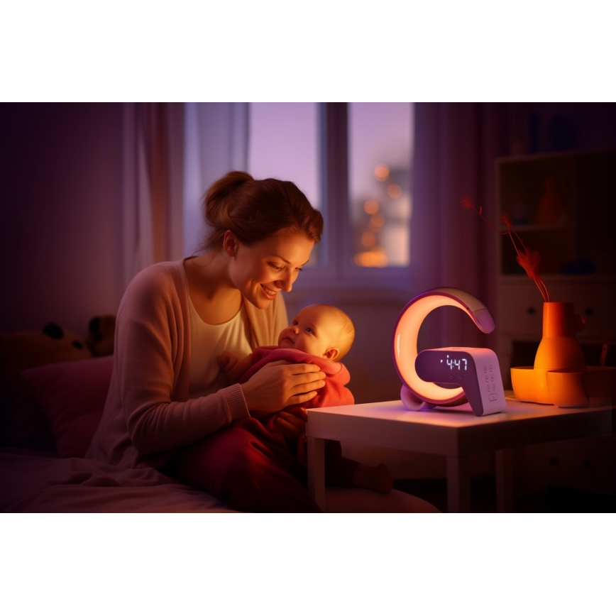 LED RGB Zatemnitvena namizna svetilka z budilka in Qi polnjenje 30W/230V srebrna