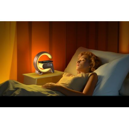 LED RGB Zatemnitvena namizna svetilka z budilka in Qi polnjenje 30W/230V srebrna