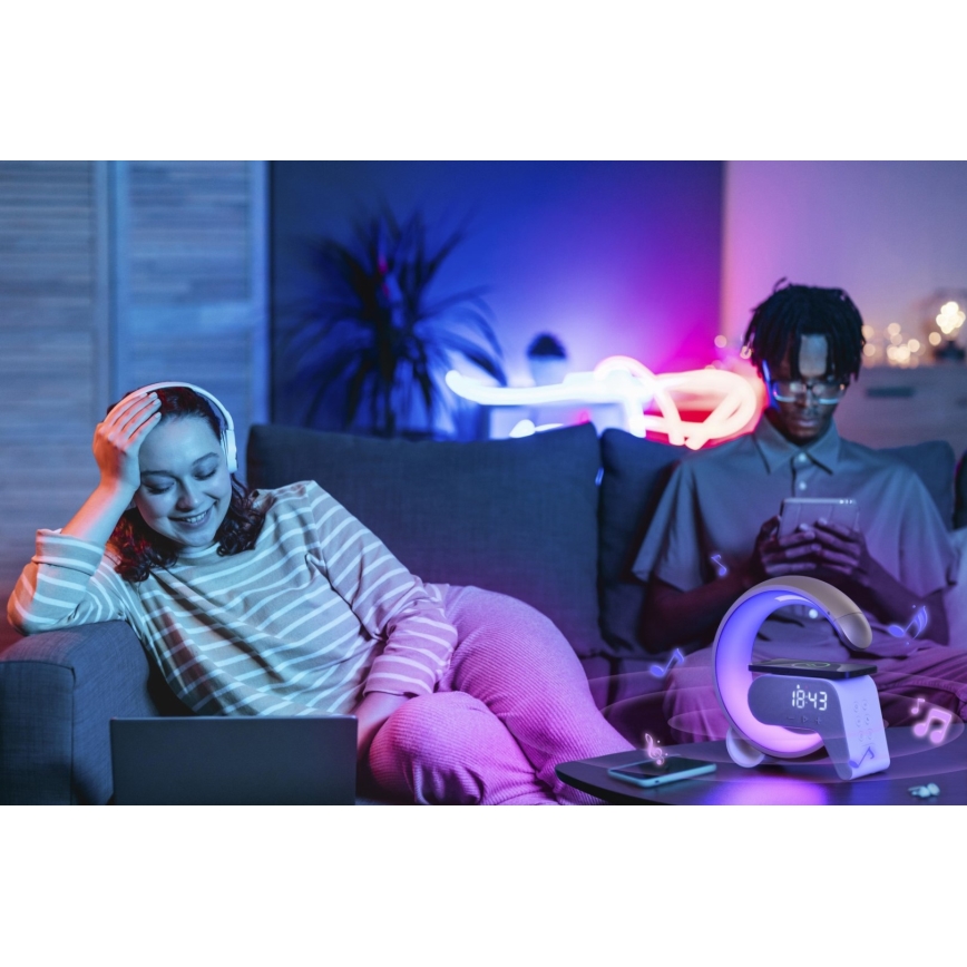 LED RGB Zatemnitvena namizna svetilka z budilka in Qi polnjenje 30W/230V srebrna