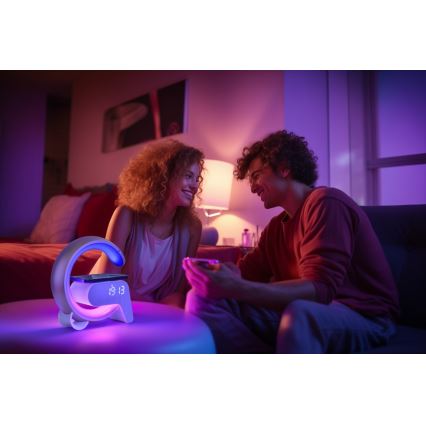 LED RGB Zatemnitvena namizna svetilka z budilka in Qi polnjenje 30W/230V srebrna