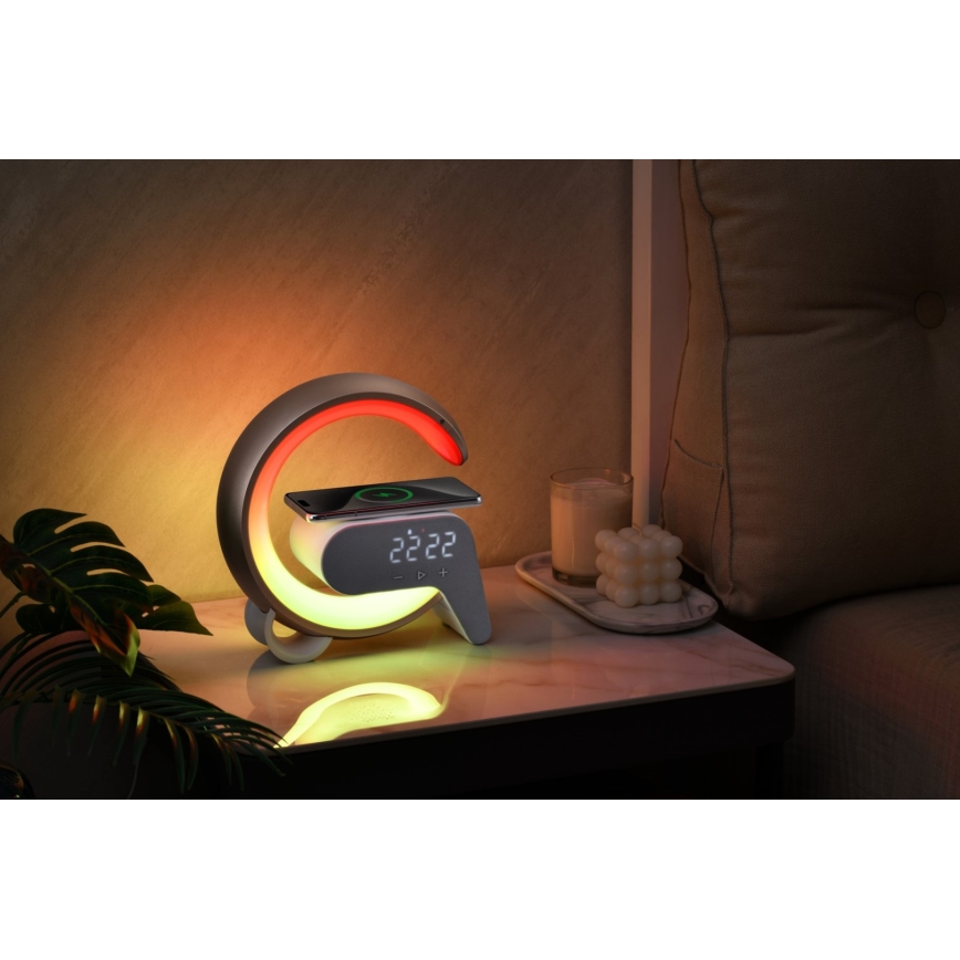 LED RGB Zatemnitvena namizna svetilka z budilka in Qi polnjenje 30W/230V srebrna