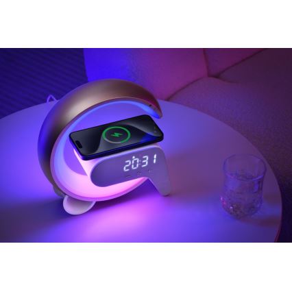 LED RGB Zatemnitvena namizna svetilka z budilka in Qi polnjenje 30W/230V srebrna